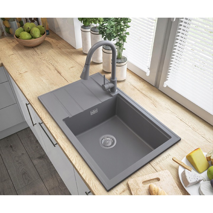 Set chiuveta cu baterie, sifon, solutie intretinere, Granitan, Model Louis, Granit, Gri