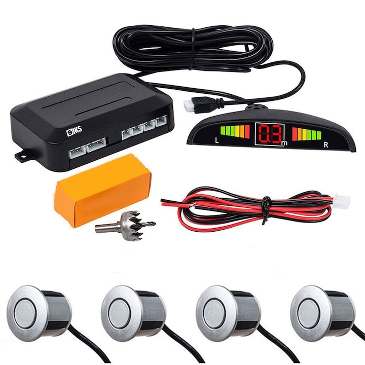 Senzori de Parcare Auto SIKS cu 4 Receptori, Display LED, Avertizare Sonora, Luminoasa , Metrica , Gri