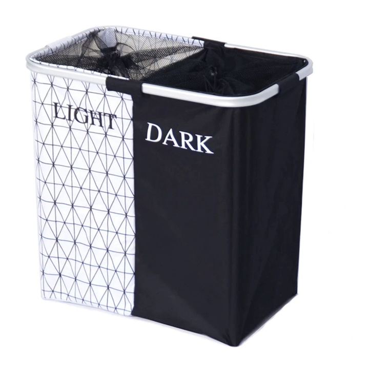 Cos de rufe pliabil, whstore, cu 2 compartimente, 93L, 53 x 33 x 53 cm, alb, negru