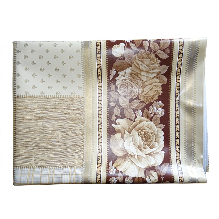 Fata de masa tip musama ND, 200x140 cm, pvc pe textil, crem cu decor lateral flori T6