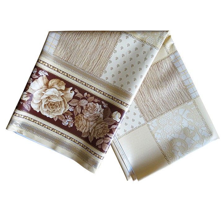 Fata de masa tip musama ND, 100x140 cm, pvc pe textil, crem cu decor lateral flori T6