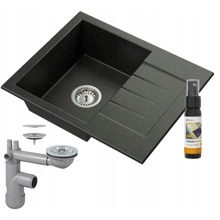 Set chiuveta, sifon, solutie protectie Granitan, Granit, 574 x 464 mm, Negru