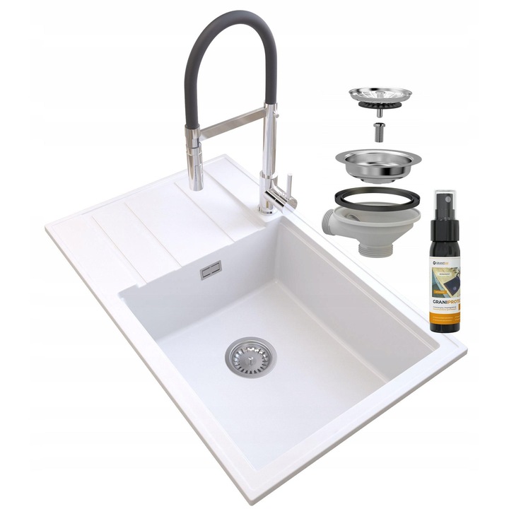 Set chiuveta cu baterie, sifon, solutie intretinere, Granitan, Granit, Crom/Alb