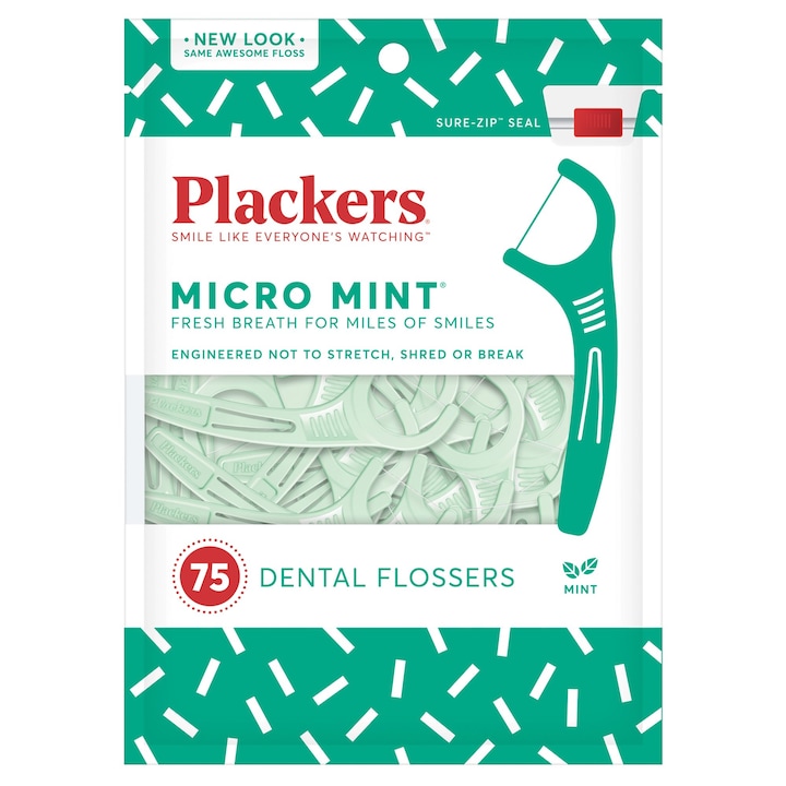 Plackers Micro Mint fogselyem készlet, fogpiszkáló típus, gyors tisztítás, könnyen csúszó viasz, ellenálló szál, 75 db