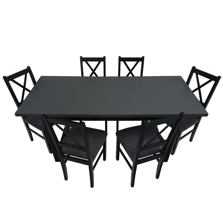 Set masa extensibila 140x180 cm cu 6 scaune tapitate, MB-13 Ikon 3 si S-38 CZ Nilo10 24Z, Grafit/Czarny, lemn masiv de fag, stofa