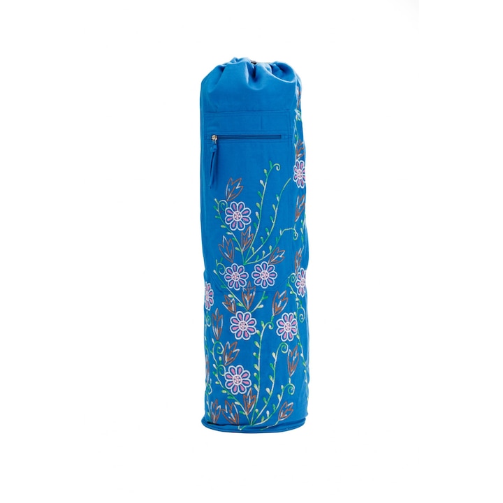 Jógaszőnyeg táska 100% kék pamutvászonból Wild Flowers hímzéssel 75x19cm