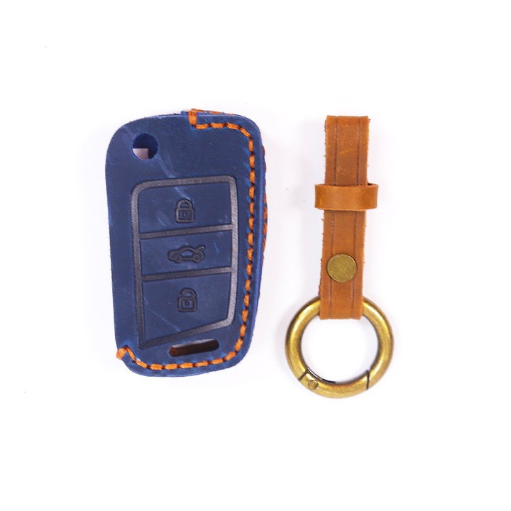Husa cheie briceag din piele, VW Tiguan T-Roc T-Cross Polo Golf Seat Leon Ateca Skoda Octavia Scala Rapid Fabia Kamiq Karoq, albastru