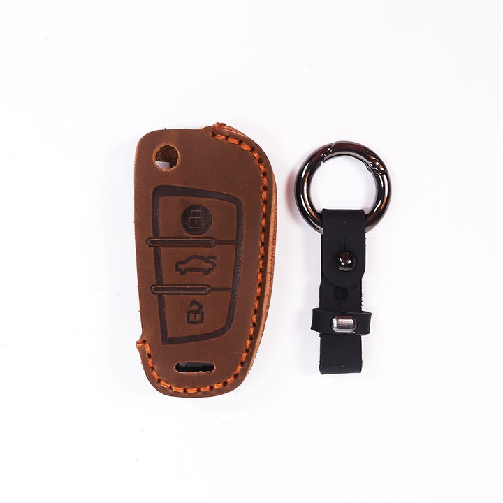 Husa cheie tip briceag 3 butoane Audi, din piele naturala, maro
