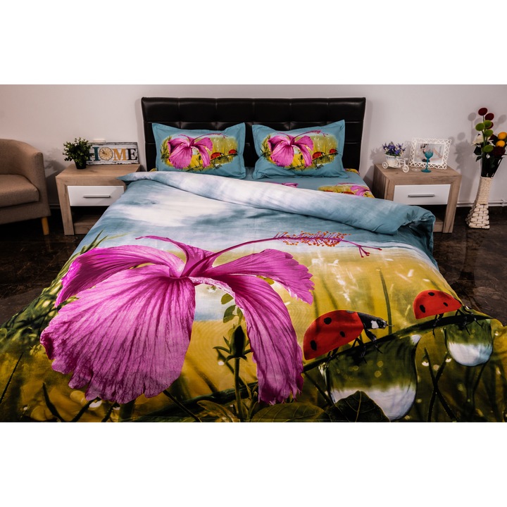 Lenjerie de pat dublu 4 piese 220 x 230 cm Digital Print 3D, Albastru/Mov Floare si buburuze Mara G5 Pucioasa