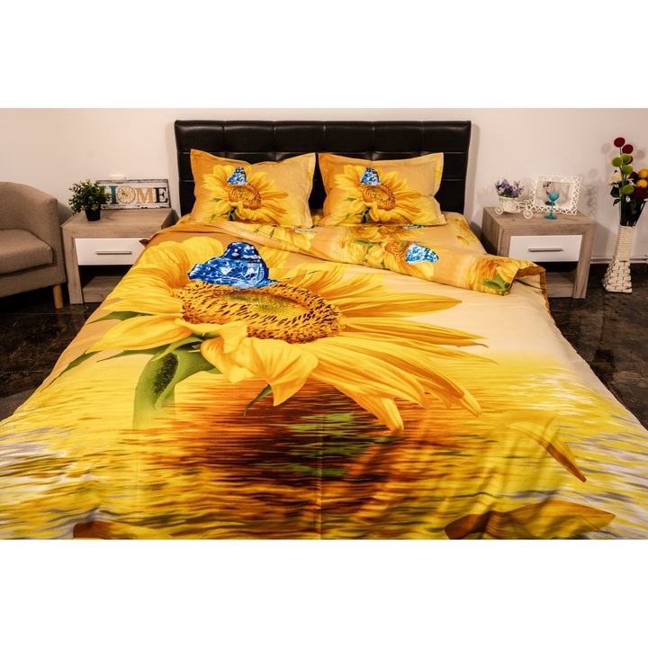 Lenjerie de pat dublu 4 piese 220 x 230 cm Digital Print 3D, Galben Floarea Soarelui Pucioasa