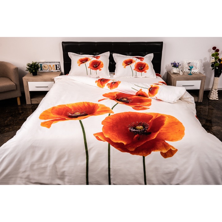 Двойно спално бельо 4 части 220 x 230 см Дигитален печат 3D, Бели/Червени макове Макове