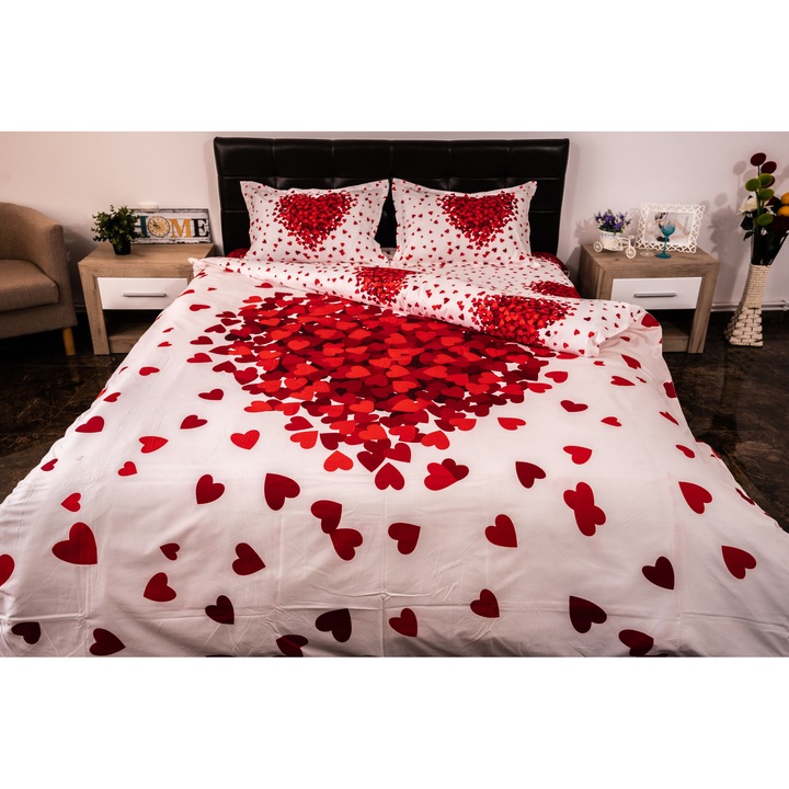 Lenjerie de pat dublu 4 piese 220 x 230 cm Digital Print 3D, Alb/Rosu Petale Trandafir Pucioasa