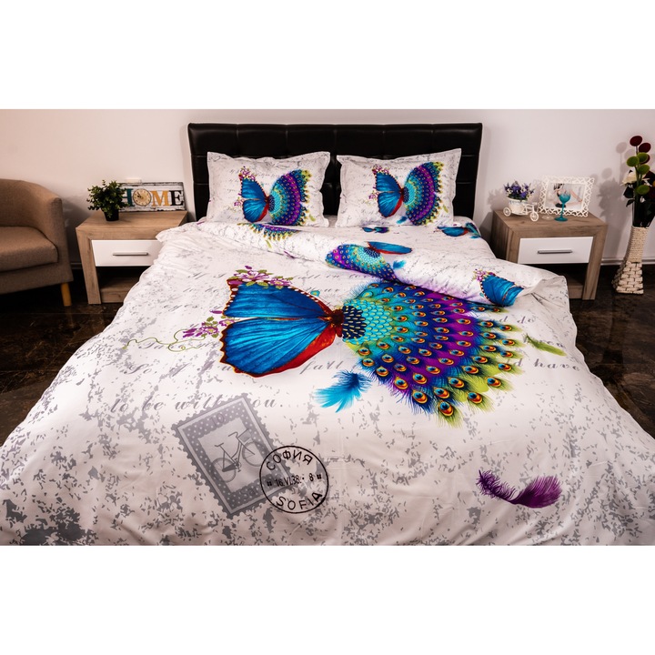 Lenjerie de pat dublu 4 piese 220 x 230 cm Digital Print 3D, Alb/Albastru Fluture Paun Pucioasa