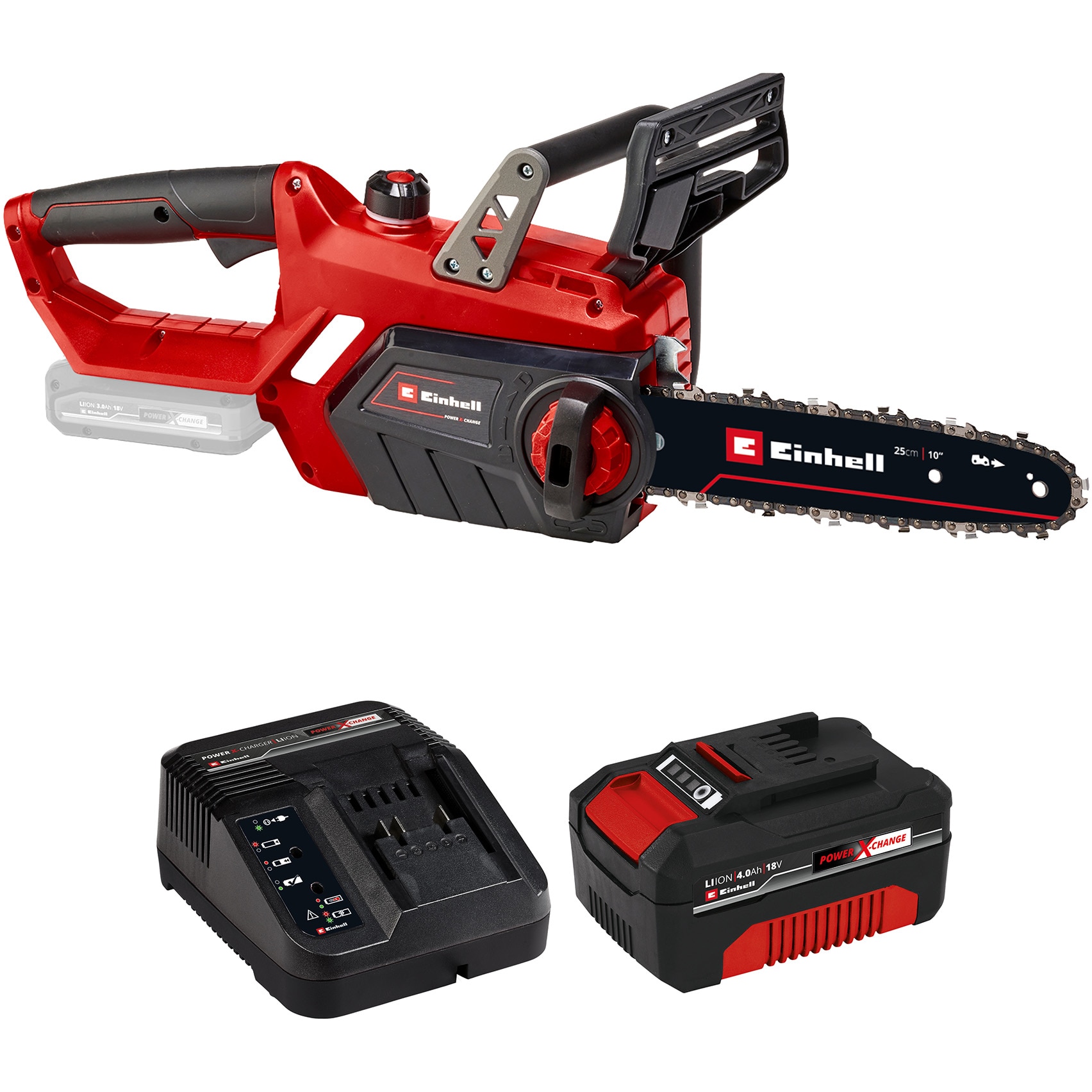 Drujba (fierastrau electric) cu lant pe acumulator Einhell Power X-Change GE-LC 18 Li - Kit,18 V,lant si lama Oregon,lama 25 cm,viteza taiere 4.3 m/s + incarcator rapid si acumulat