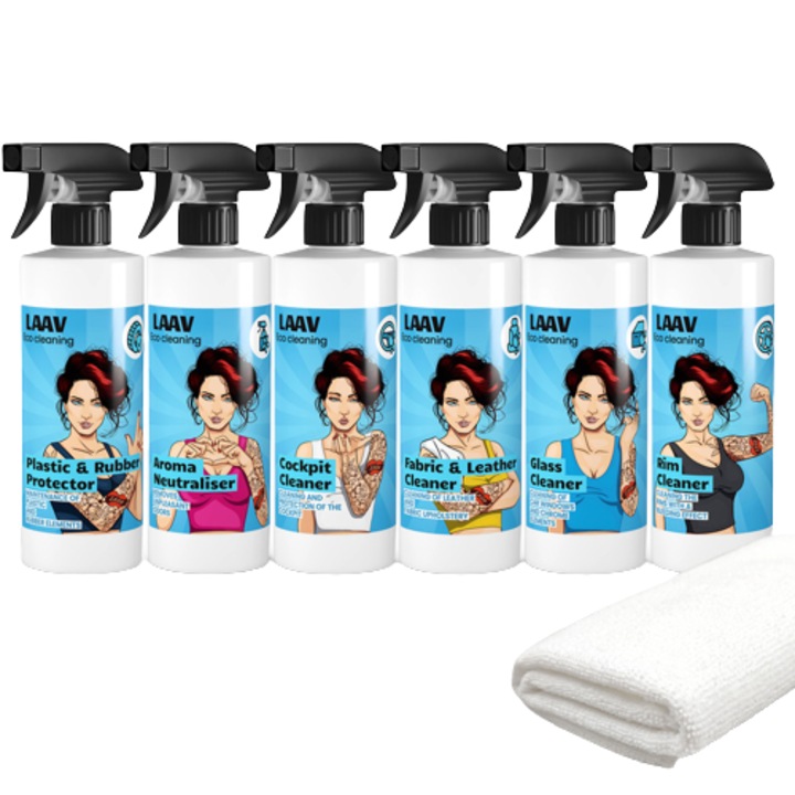 Set 6 produse pentru curatarea suprafetelor din masina, LAAV, Fabric&Leather Cleaner 500 ml, Glass Cleaner 500 ml, Cockpit Cleaner 500 ml, Rim Cleaner 500 ml, Aroma Neutraliser 500 ml, Plastic&Rubber Protector 500 ml si laveta din microfibra