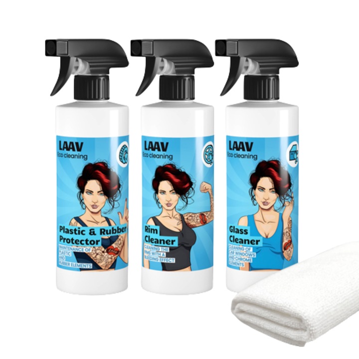 Set de 4 produse pentru masina, pentru intretinerea anvelopelor, cauciucului, plasticului 500 ml, pentru curatarea jantelor 500 ml, pentru curatarea geamurilor si oglinzilor 500 ml si carpa din microfibra, LAAV