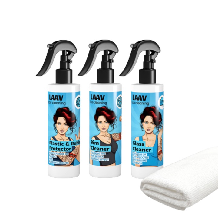 Set de 4 produse curatare exterior auto, LAAV, Plastic&Rubber Protector 250 ml, Glass Cleaner 250 ml, Rim Cleaner 250 ml si o laveta din microfibra