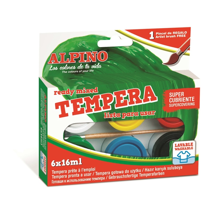 Темперни бои Alpino, 6 цвята x 16 мл/кутия + четка