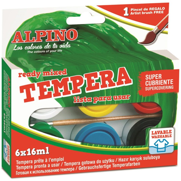Tempera lavabila, 6 culori x 16ml/cutie + pensula gratis, Alpino
