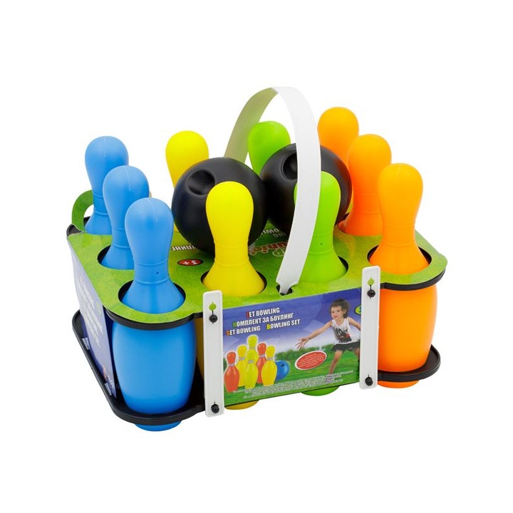 Set de bowling LiveUp, 10 pini, 2 bile, Plastic, 28 x 21 x 25 cm, 3+ ani, Multicolor