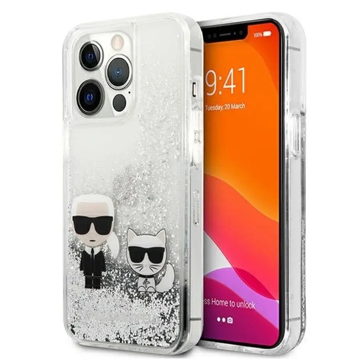Karl Lagerfeld Husa Liquid Glitter Karl&Choupette iPhone 13 Pro Max Argintiu