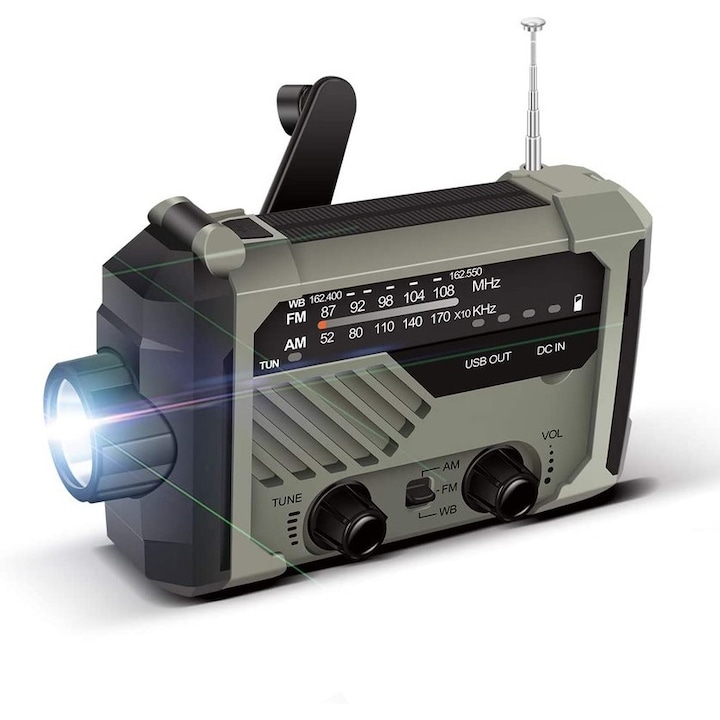 Radio portabil, Functie lanterna, Incarcare solara, AM/FM, 2000mAh, Verde