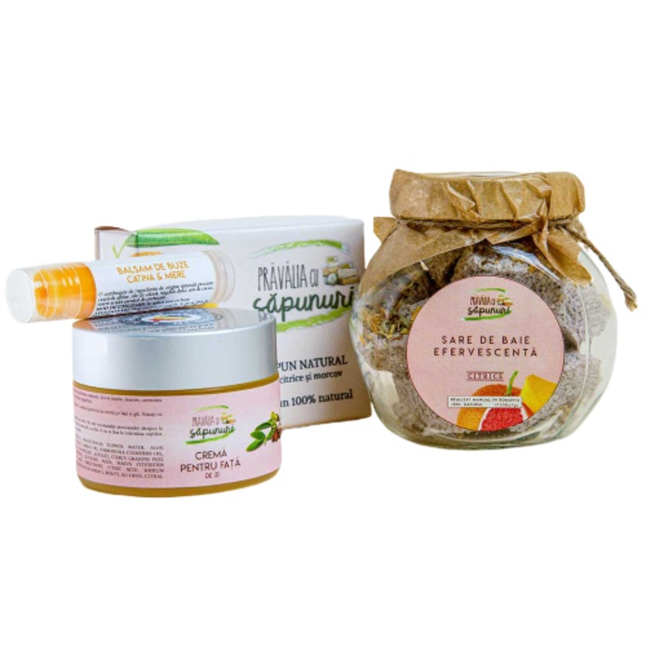 Set Sapun Citrice si Morcov, Sare de baie cu Citrice, Balsam de buze cu Catina si Miere, Crema de fata lejera, Pravalia cu Sapunuri, 4 piese