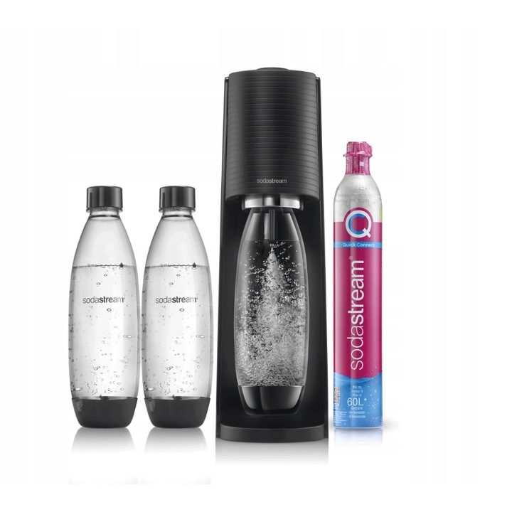 Комплект диспенсър за вода с 2 бутилки за вода SodaStream, Terra, 1 л, Алуминий/стъкло, Прозрачен/черен