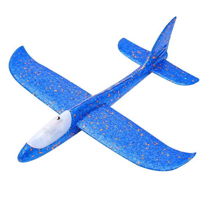 Avion planor din polistiren in punga, lungime 47 cm, cu limini, Albastru, Flippy