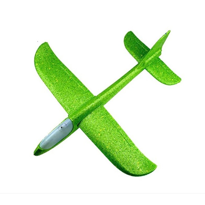Avion planor din polistiren in punga, lungime 47 cm, Verde, cu lumini, Flippy