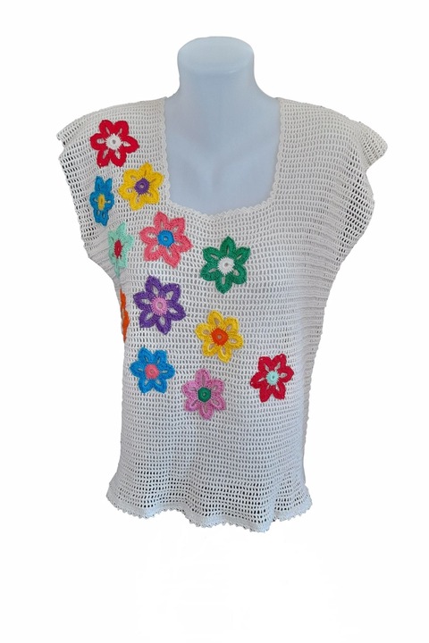 Bluza fara maneci crosetata manual cu flori multicolore, marime 36 - 42 |EU