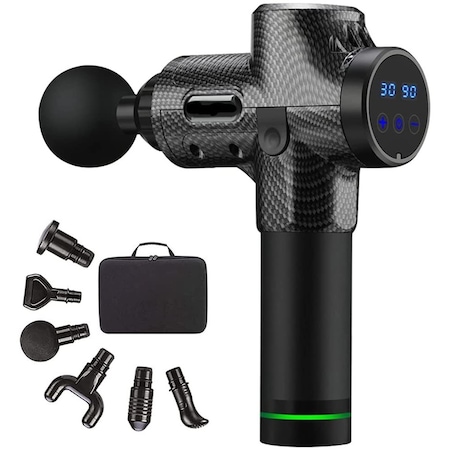 Aparat pentru masaj profesional tip pistol SeveShop, 8 capete, 30 viteze, motor silentios fara perii, 3200 percutii, 2500mAh, 8 capete, servieta depozitare, negru