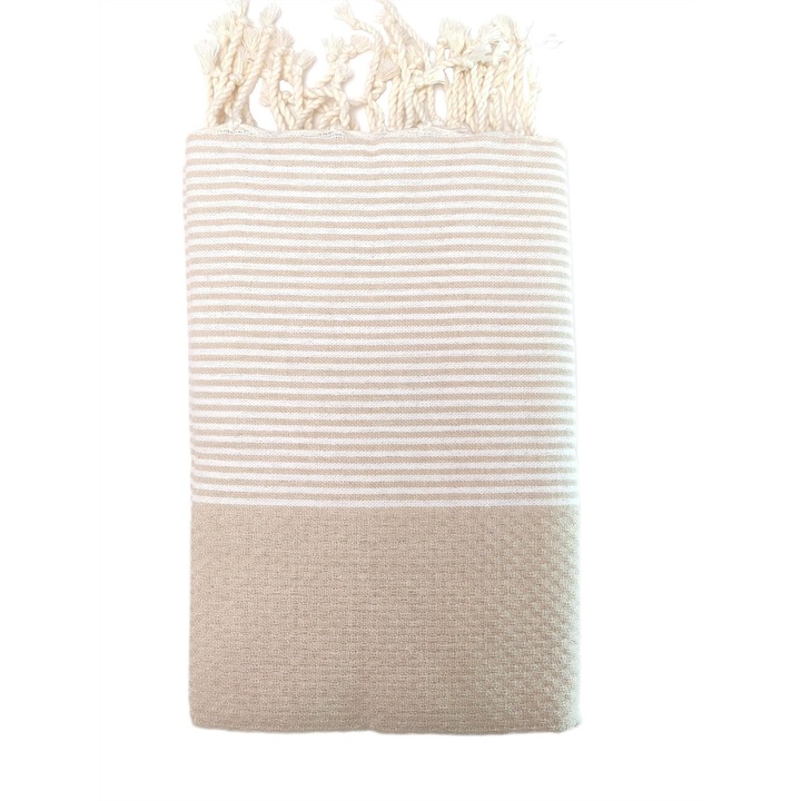 Prosop plaja/SPA Tunis Fouta 100x200 cm bej sahara cu dungi albe