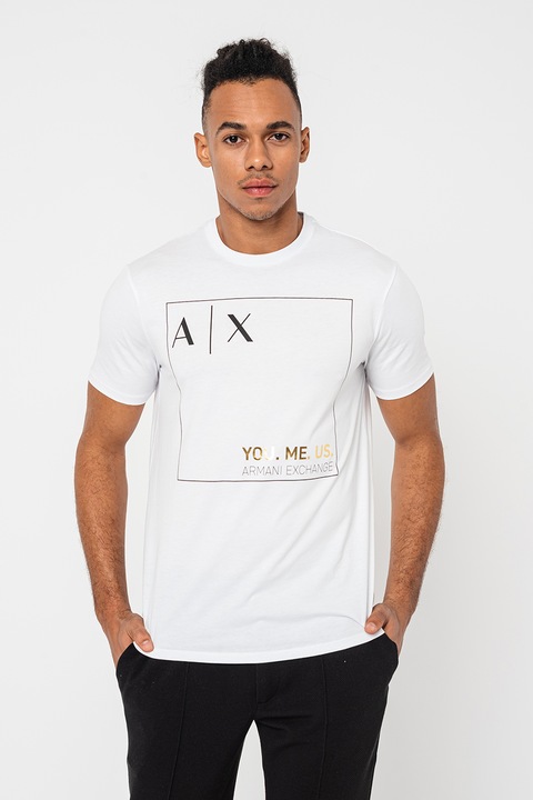 ARMANI EXCHANGE, Памучна тениска с лого, Бял/Черен