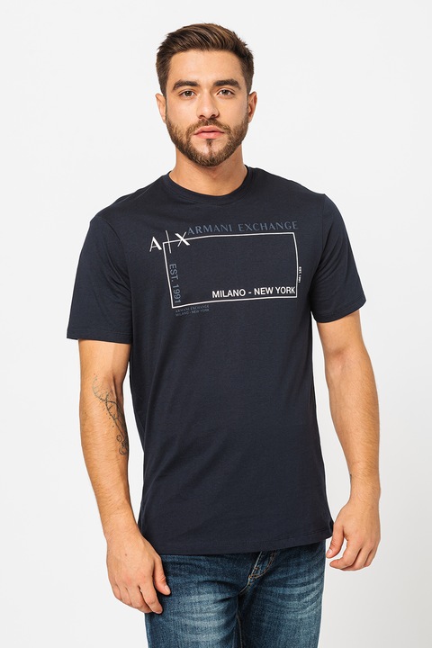 ARMANI EXCHANGE, Тениска с овално деколте и лого, Тъмносин, 2XL