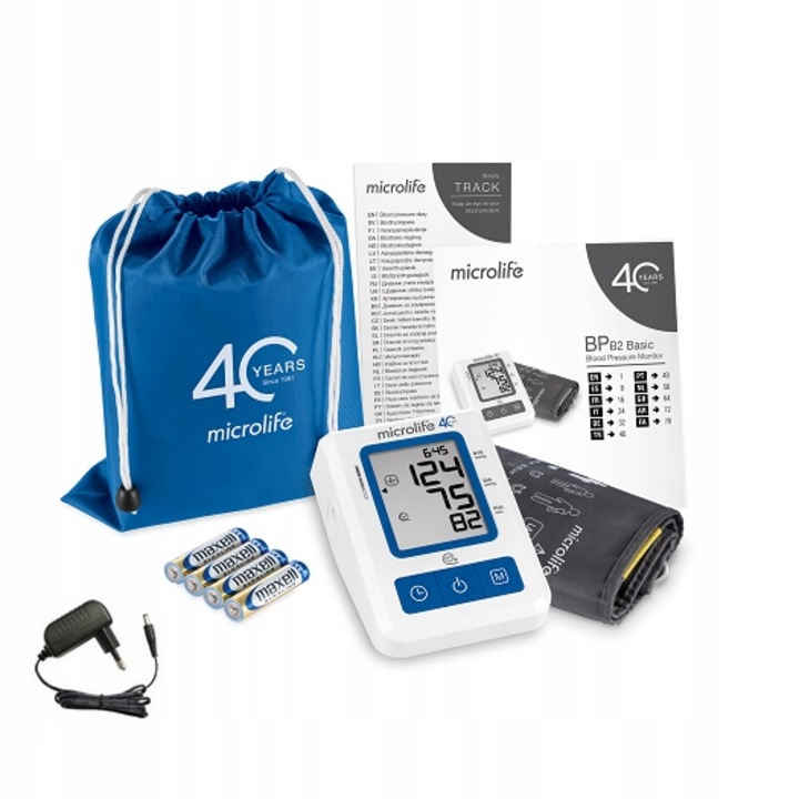 Elektronikus vérnyomásmérő, Microlife, Adapter/elemek mellékelve, Fehér/Kék