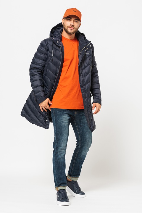 ARMANI EXCHANGE, Geaca cu umplutura de puf, model lung si aspect matlasat, Bleumarin