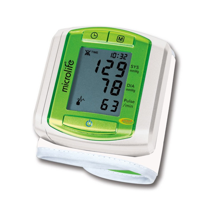Automatikus vérnyomásmérő a csuklóhoz, Microlife, Elemekkel, Vizuális/hangos figyelmeztetések, Fehér/zöld