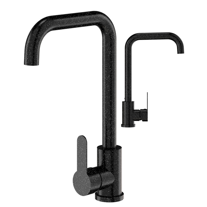 Baterie Bucatarie, Granitan, Steel, Inalta Si Rotunda Cu Pipa Rotativa 360°, Design Minimalist, Otel Inoxidabil Rezistent, Montaj Usor, 33 cm, Negru