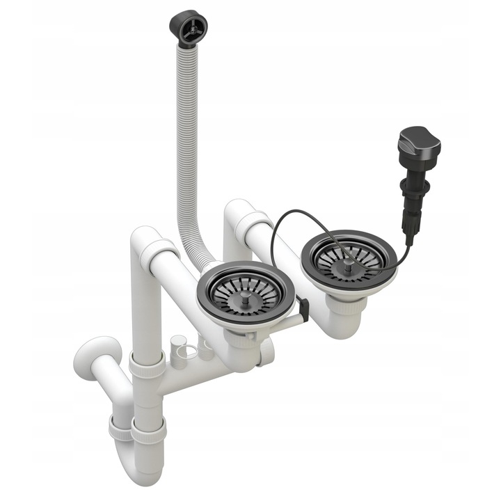 Sifon Automatic Pentru Chiuveta, De Perete Cu Doua Cuve, Economie De Spatiu, Pentru Chiuvete Din Granit, Cu Posibilitatea De A Conecta Masina De Spalat Rufe Sau Masina De Spalat Vase, Sistem Anti-preaplin, Montaj Reglabil, Negru