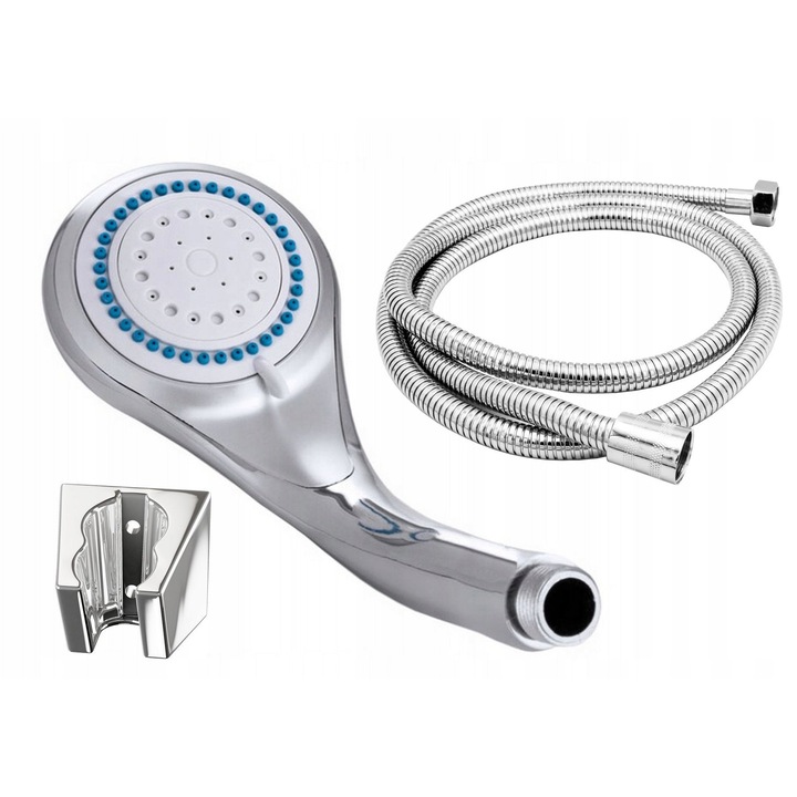 Set Complet Dus Premium: Para de Dus cu 5 Functii Jeturile Reglabile si Duze Anticalcar, Furtun de Dus 150 cm Impletit Metalic Cromat, Suport Perete Universal Ajustabil din PVC Rezistent, Design Elegant Argintiu Lucios, Instalare Rapida, Pe