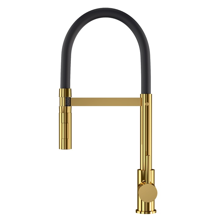 Bateria De Bucatarie, Granitan, Vento, Dus Flexibil, Rotire 360°, Inaltime 490 mm, Raza 215 mm, Set Baterie/2 Furtunuri Flexibile/Sistem De Montare, Negru/Auriu