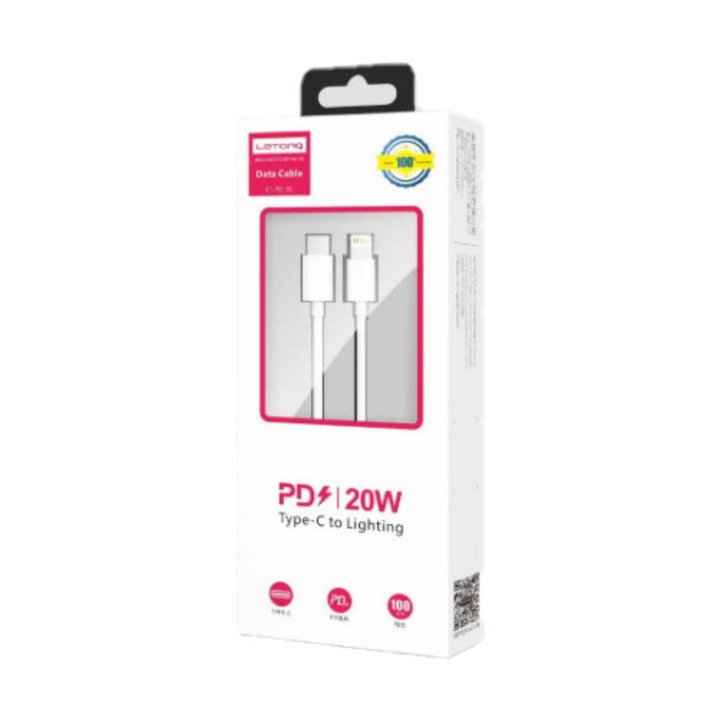 iPhone adatkábel, töltőkábel, iPhone 8pin, lightning - Type-C, iPhone 11 / 12 / 13 szériához, fehér, 20W 1m, Letang LT-PD-31