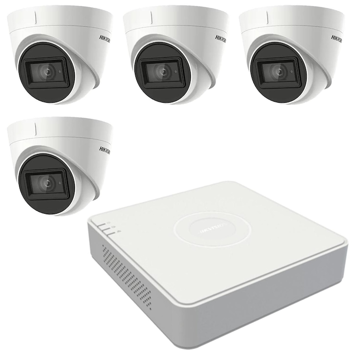 Sistem supraveghere mixt Hikvision 2 camere, 1 dome 8MP 4 in 1, IR 30m, 1 bullet 4 in 1 8MP, 3.6mm, IR 80m, DVR 4 canale 4K 8MP
