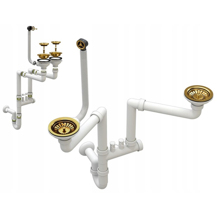 Sifon Manual Granitan pentru Chiuveta Dubla, Auriu, Economiseste Spatiu, Structura Compacta, Cu Racord Masina Spalat Vase sau Rufe, Sistem Anti-Preaplin, PVC si Inox, Evacuare 115mm, Montaj Sub Blat Bucatarie