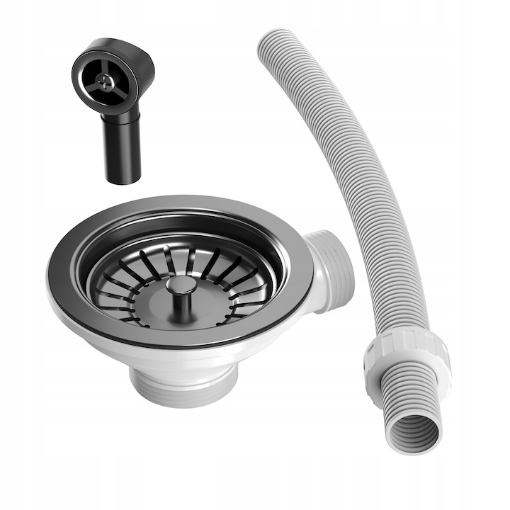 Sifon De Schimb Pentru Chiuveta De Granit, Set Pentru Chiuvete Cu Una Si Doua Cuve Granitan, Sita, Preaplin, Tub In Set, Doar La Achizitionarea Chiuvetei, Negru