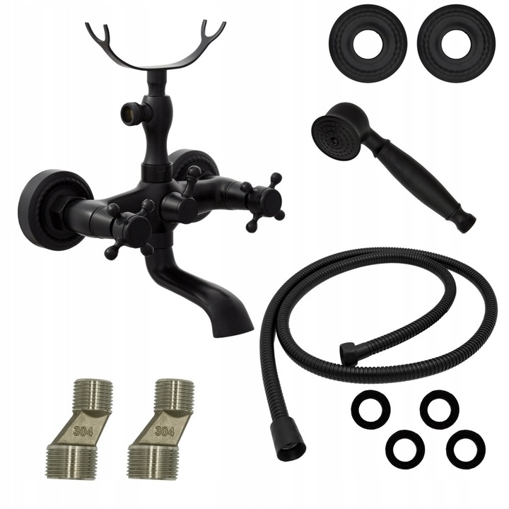 Set Complet Para Dus si Baterie Cada Retro Vilev Mobila Granitan, Design Vintage Elegant Negru Mat, Constructie Robusta din Alama, Furtun Dus 150cm, Cartuse Ceramice 1/4 Turatie, Montaj Simplu, Compatibilitate Universala, Durabil si Modern