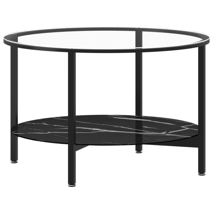 Маса за чай vidaXL, Черно и черен мрамор, 70 cм, Закалено стъкло, 9.55 Kg