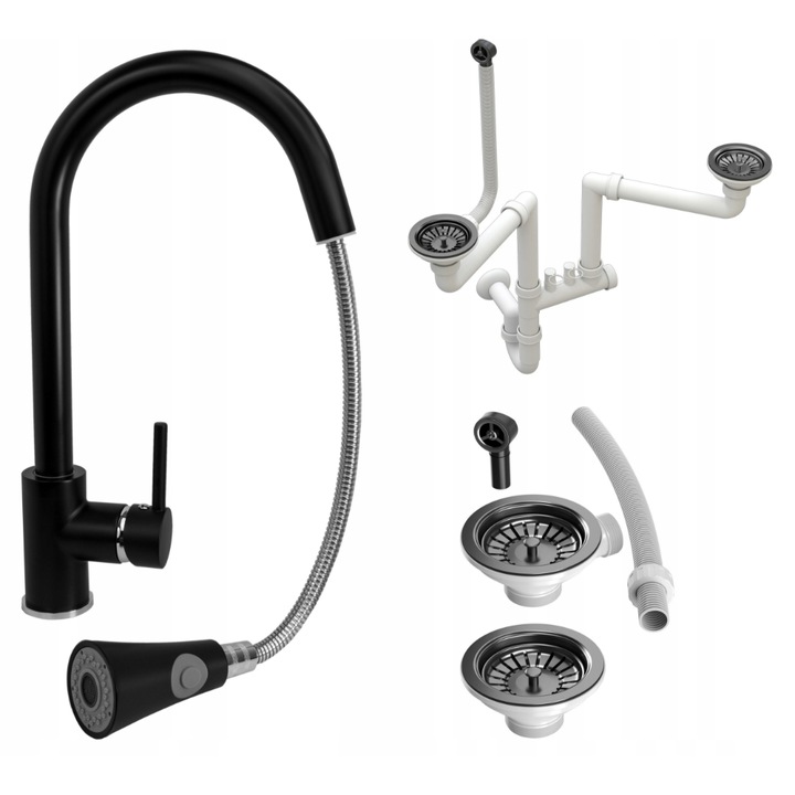 Mosogató csaptelep készlet, forgó + szifon 2 szeleppel, Gránit, Sárgaréz, acél és PVC, Fekete