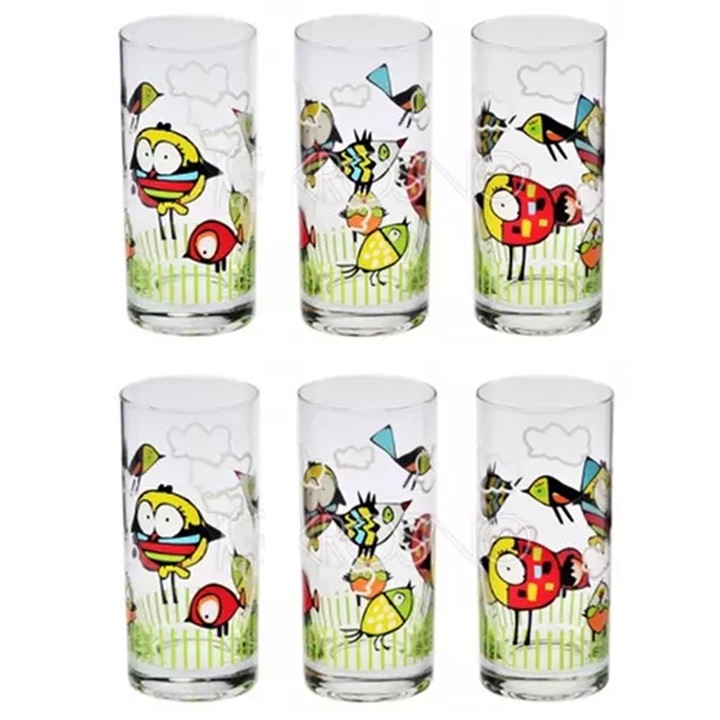 Комплект стъклени чаши за вода Krosno 646121-2, Декорация с птици, 6 броя, 230мл, Прозрачен/Зелен